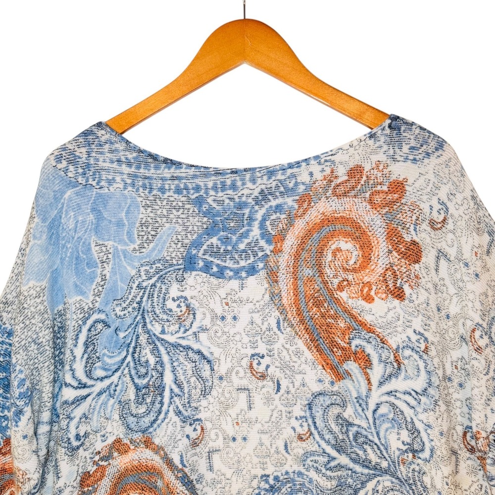 Chicos Knit Top Womens 3 Blue Paisley Orange Short Sleeve Lightweight XL‎ Beach - Picture 2 of 13